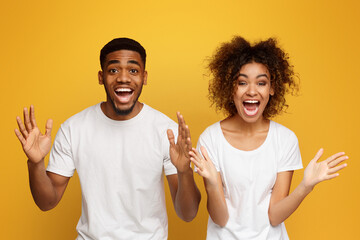 Wall Mural - African-american partners rejoice success, clench fists and exclaim