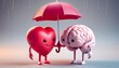 © Klanarong Chitmung - 3D render of a heart and brain under an umbrella, smiling at each other.