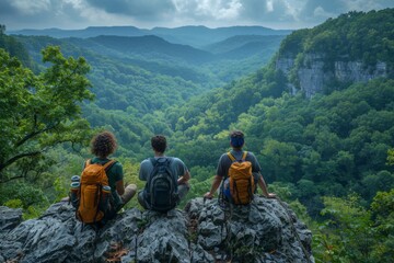 three hikers sit on a cliff's edge overlooking a lush forest.