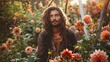 Photograph of a handsome long-haired Mexican man standing in a garden filled with dahlias. Constructivist