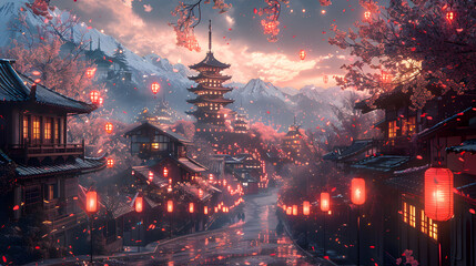 The image features a beautiful Japanese village surrounded by water, lit by lanterns. The sky is dark, and snow is falling, creating a serene atmosphere. The village is nestled among cherry blossom tr