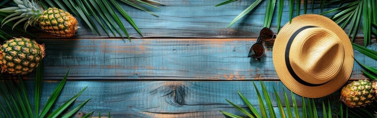 Poster - Tropical Summer Vacation Greeting Card with Pineapple, Palm Leaves, and Ocean Panorama on Wooden Table - Top View Flat Lay