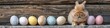 A rabbit sitting next to a row of colorful eggs on wood, AI