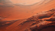 Desert landscape. Fantastic landscape on surface of planet Mars. Panorama of sunset in sand dunes, canyon, valley, mountains. Concept banner for exploring lifeless distant planets. Extreme tourism. 