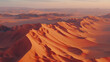 Desert landscape. Fantastic landscape on surface of planet Mars. Panorama of sunset in sand dunes, canyon, valley, mountains. Concept banner for exploring lifeless distant planets. Extreme tourism. 