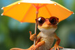 A tiny gecko wearing sunglasses, basking under a miniature beach umbrella.