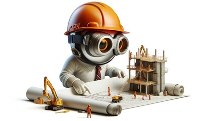 An anthropomorphic helmet and safety goggles inspecting a construction site on a white background, emphasizing the importance of safety in engineering practices.