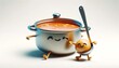 A pot of soup and a ladle dancing together on a white background, illustrating the warmth and comfort food brings.