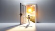 A door opening to a sunny landscape from a dark room on a white background, symbolizing hope and the journey from darkness to light, ideal for motivational and inspirational themes.