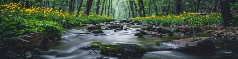 Canvas Print - A stream of water flowing through a forest with rocks and flowers, AI