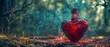 A mysterious red love potion in a heart-shaped bottle, with magical smoke swirling around, set against a dark, enchanted forest background