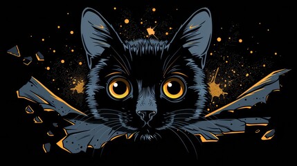 Sticker - A black cat with yellow eyes and a broken face, AI