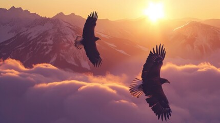 A bald eagle flying in sky at sunrise in wild.