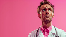 A Man In A White Lab Coat With Pink Shirt And Glasses Is Looking At The Camera With A Surprised Expression. Doctor Love In A Pink Background