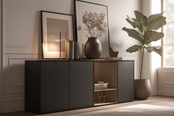 A sleek black sideboard with two doors and one shelf, positioned against the wall in an elegant modern living room interior. 