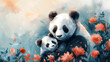 A watercolor illustration of a cute mother and baby panda celebrating Mother's Day, portraying the affectionate bond between them. Suitable for Mother's Day cards or family-themed designs.