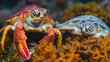 Two turtle and lobster chimeras are swimming in a coral reef with colorful fish, AI