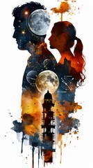 Wall Mural - A man and a woman standing next to each other. Couple silhouette, astrology and signs, book cover design on white background.