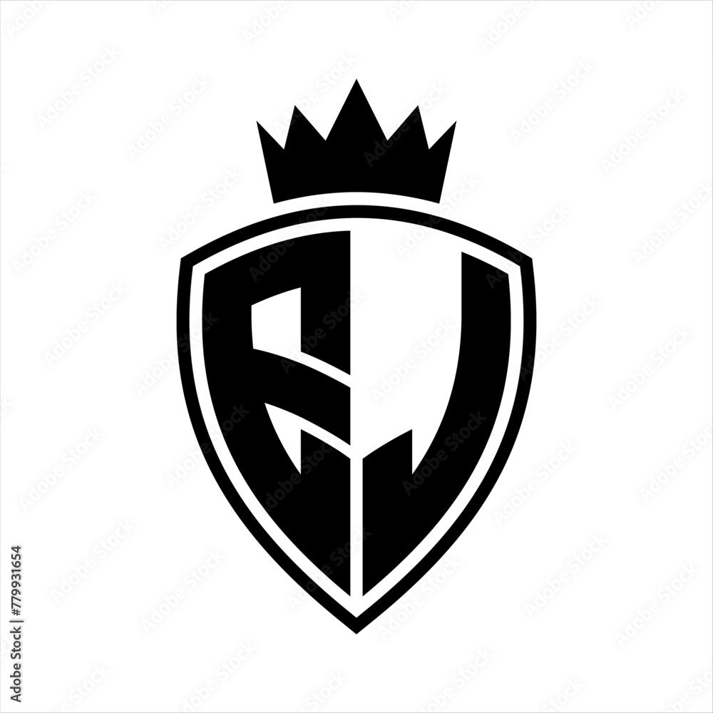 EJ Letter monogram shield and crown outline shape with black and white ...