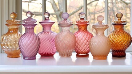 Canvas Print - A row of glass vases lined up on a window sill, AI