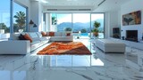 Fototapeta  - A living room with a large white couch and orange rug, AI