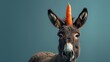 © Sandra - Portrait of a donkey with a carrot on its head looks like a horn. Blue background. Minimalistic studio photo. Concept photo.