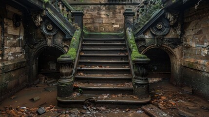 Canvas Print - A staircase with moss growing on it and a broken railing, AI