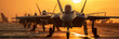Fighter Jets Lined Up on Runway at Sunset, Military Power