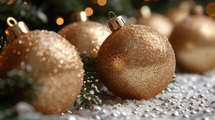 Poster - A row of shiny gold christmas ornaments on a snowy ground, AI