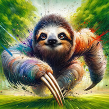 A Sloth Charges With A Fierce Expression In This Dynamic Watercolor Artwork, Emphasizing Its Regal Presence And The Serene Beauty Of Wildlife In Vibrant, Fluid Strokes.