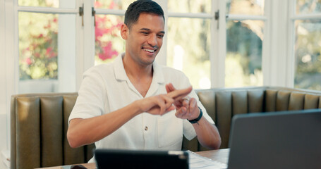 Aufkleber - Video call, laptop and man talking in a coffee shop with sign language for a webinar on the internet. Happy, professional and male manager on a virtual meeting for an online discussion on a computer.