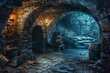 Mysterious underground dungeon with stone walls, torches, and treasure chests, fantasy game art