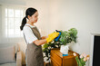 Young housewife is cleaning dust with a microfiber cloth in the living room. Housekeeping concept