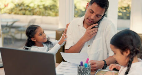 Poster - Busy, phone call and dad with kids, stress from children or frustrated, angry father to multitask, work and childcare. Home, working with distraction and anxiety in pandemic, remote job or parenting