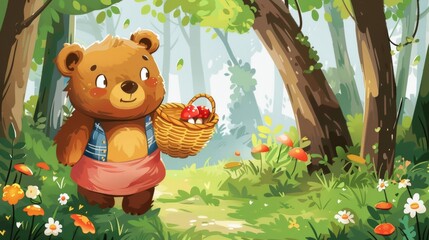 Wall Mural - A cartoon bear with a basket of food in the woods, AI