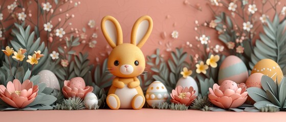 Poster - cute funny Easter Bunny, floral and easter eggs background