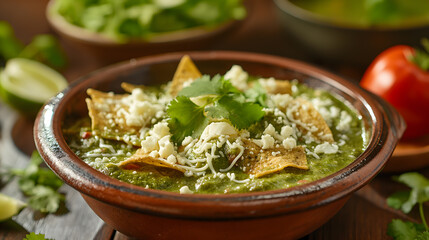 Authentic Mexican Chilaquiles with Green Salsa in a Traditional Bowl