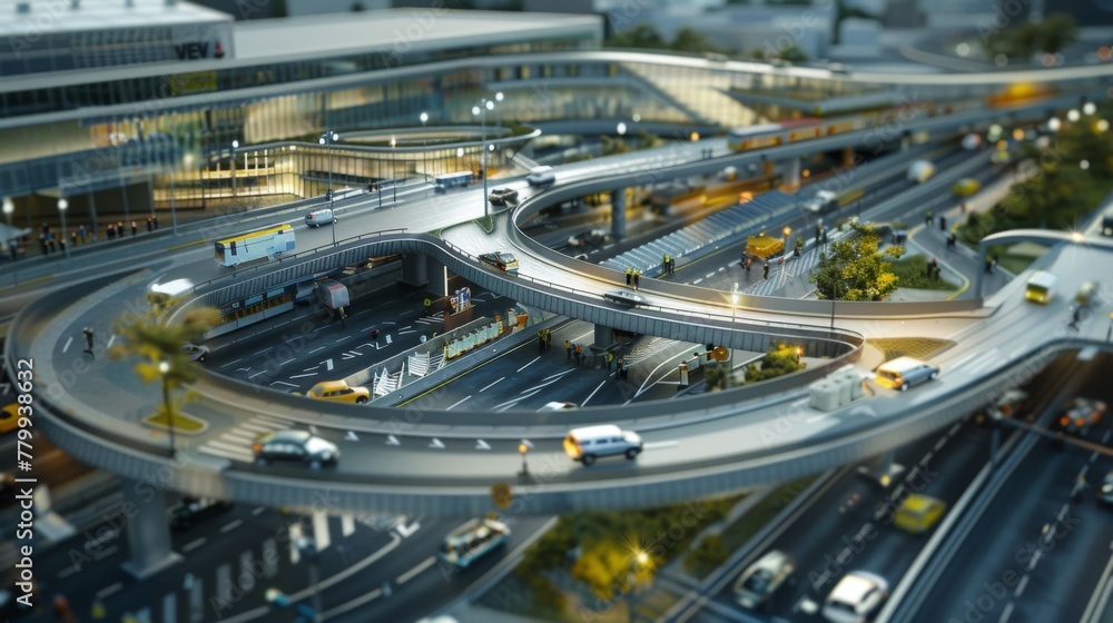 Vast transport interchange with multiple levels of ramps, terminals ...