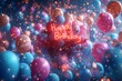 A festive image showcasing a cluster of shiny balloons with a neon 