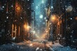 Snowy city street at night with illuminated buildings and falling snowflakes, winter cityscape