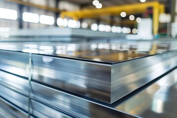 Stacks of shiny galvanized steel sheets in industrial warehouse or factory, metal manufacturing