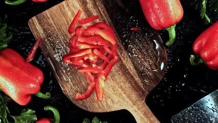 Poster - Super slow motion chopped sweet peppers fall on a cutting board. High quality FullHD footage