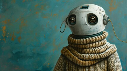 Wall Mural - A painting of a robot wearing an old fashioned sweater, AI