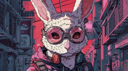 Sticker - A rabbit wearing glasses and a jacket with headphones on, AI