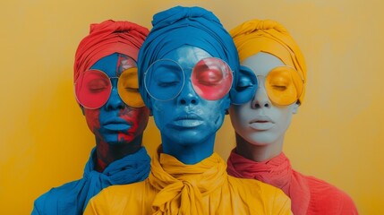 Wall Mural - Three women with painted faces and colorful clothing, AI