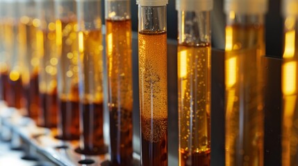 Poster - A row of test tubes filled with liquid on a table, AI