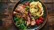 Tender roasted meat, buttery mashed potatoes, and fresh salad greens arranged on a plate, captured in a close-up, horizontal view from above. A delicious tableau to relish.