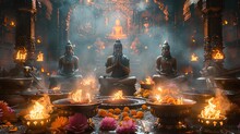 In A Sacred Ceremony, Worshippers Bow Before The Gods, Offering Prayers And Incense As They Seek
