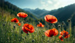 Red poppy. Poppy flowering. Mountain landscape with blooming red poppy. Mountain panorama. Selective focus. AI generated