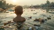 Child wading through river choked with textile waste, emphasizing need for sustainable fashio